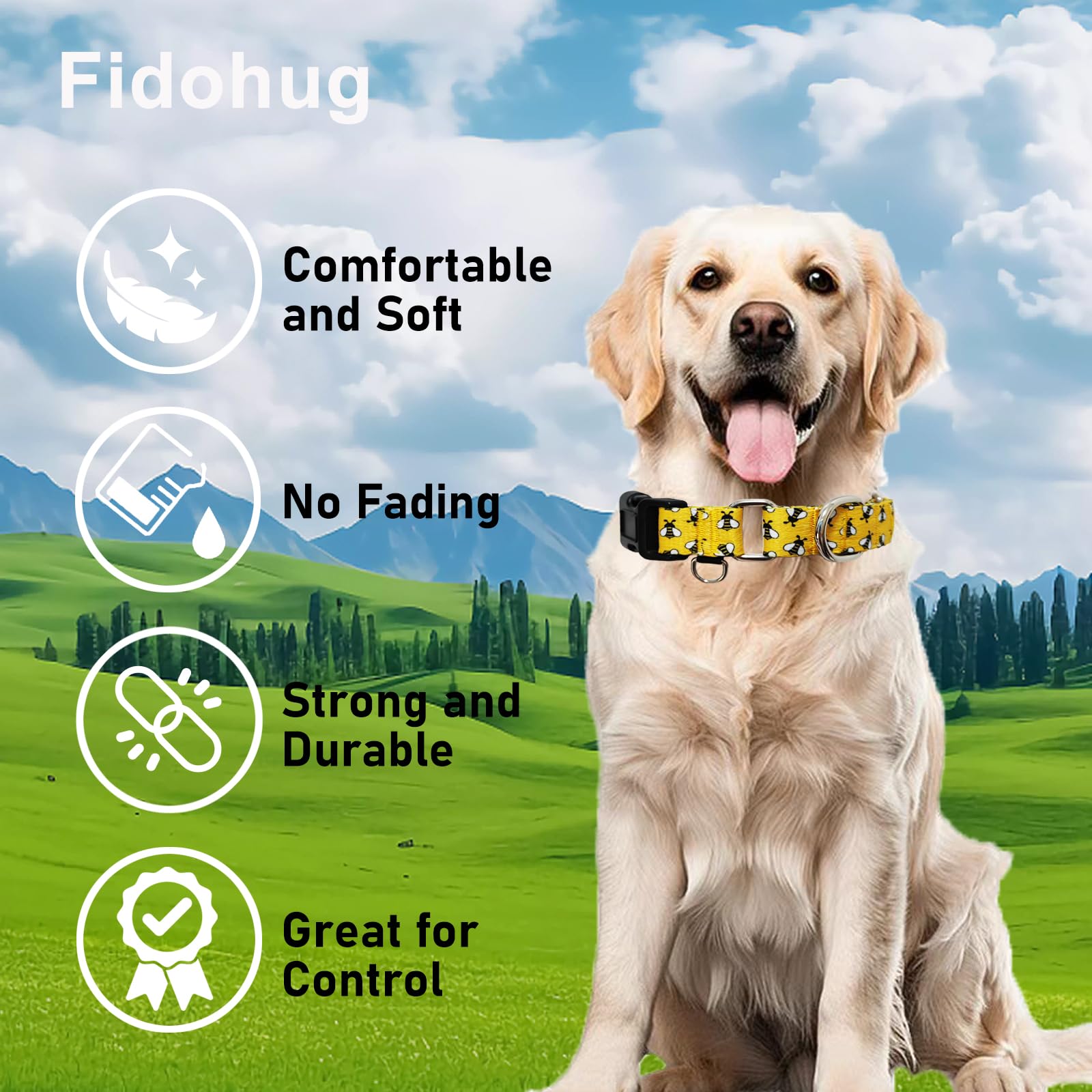 Fidohug Martingale Dog Collar With Buckle Yellow Bee Dog Collar Adjustable Cute Design Patterns (Bee, Large)